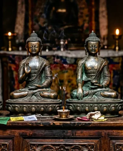 A collection of four bronze Buddha statues displaying different mudras — Dhyana, Abhaya, Bhumisparsha, and Medicine Buddha — arranged on a wooden altar with soft candlelight