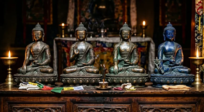 Buddha Statue Selection Guide – Pose, Material and Purpose A collection of four bronze Buddha statues displaying different mudras — Dhyana, Abhaya, Bhumisparsha, and Medicine Buddha — arranged on a wooden altar with soft candlelight