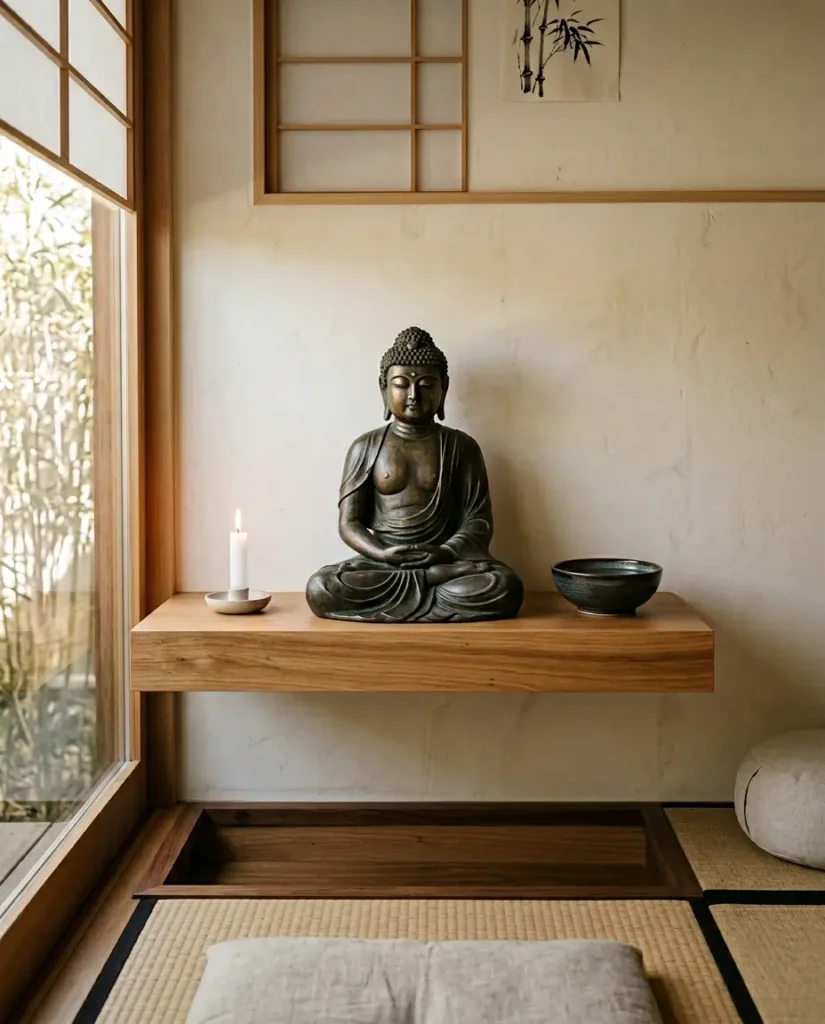 A 10-inch bronze Buddha statue placed on a raised wooden altar shelf at eye level in a minimalist meditation room, with a small candle and offering bowl beside it