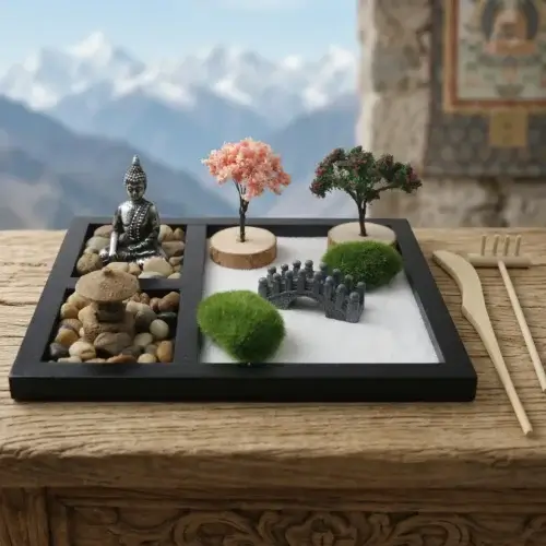 Front-facing view of the complete Buddha zen garden desk kit with meditating Buddha statue, pink cherry blossom tree, purple flowering tree, stone arch bridge, two moss balls, river rocks, sand pagoda, and white sand in a black MDF tray, with bamboo rake and smoother tools placed beside, Tibetan thangka painting on stone wall in background — PotalaStore