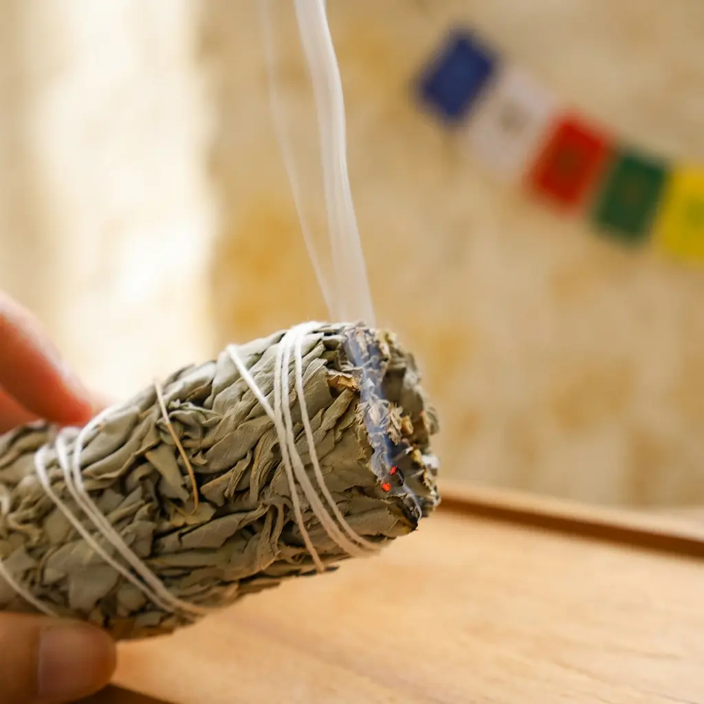 Burning White Sage Smudge Stick with Tibetan Prayer Flags – PotalaStore Hand holding a lit California white sage smudge stick with smoke rising, Tibetan prayer flags in the background, used for home cleansing and meditation