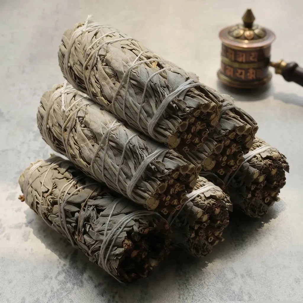 California White Sage Smudge Sticks Pack with Tibetan Prayer Wheel – PotalaStore Handmade white sage smudge stick resting on a travertine tray with a turquoise gemstone and brass Tibetan butter lamp, for energy cleansing and spiritual practice