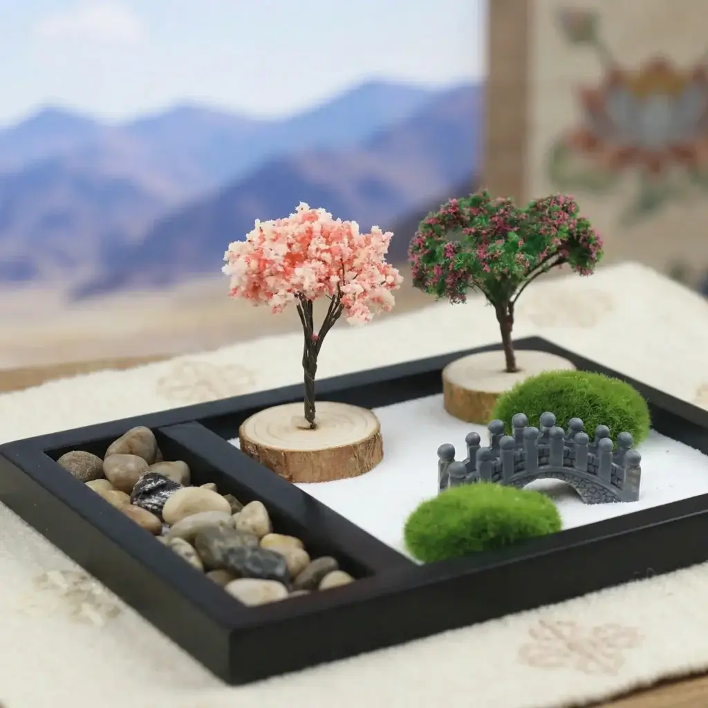 Close-up of a miniature desktop zen garden featuring a pink cherry blossom tree, flowering green tree, stone arch bridge, moss balls, and natural river rocks on a white sand MDF tray, set against a Tibetan mountain backdrop — PotalaStore