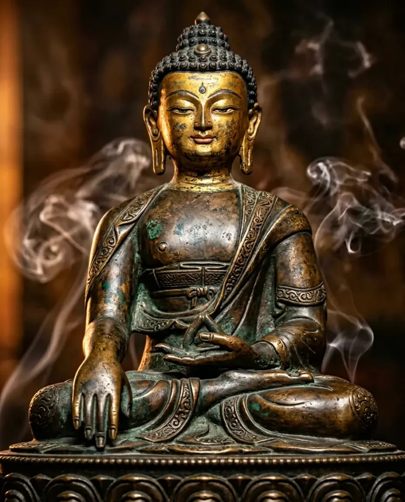 Close-up of a bronze seated Buddha statue in Dhyana Mudra with both hands resting in the lap, palms facing upward, set against a blurred incense smoke background