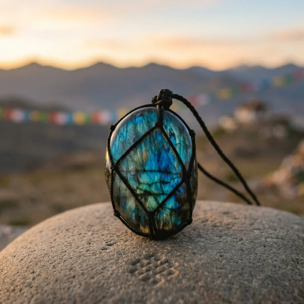 Dragon's Heart labradorite necklace with blue-green flash, hand-woven black macrame wrap, resting on a stone with Tibetan prayer flags and mountains at sunset in the background