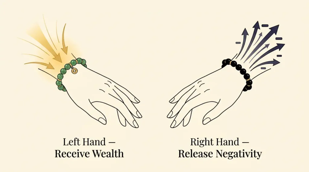 Illustrated diagram of two hands side by side: left hand wearing a jade bracelet with warm golden energy flowing inward (labeled "Receive — Wealth"), right hand wearing a black obsidian bracelet with dark energy flowing outward (labeled "Release — Protection")