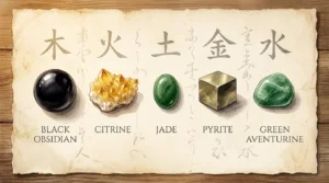 Five feng shui wealth stones laid out on aged parchment: black obsidian, golden citrine, green jade, pyrite cube, and green aventurine, each labeled with its feng shui element