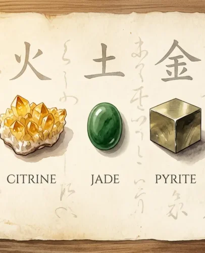 Five feng shui wealth stones laid out on aged parchment: black obsidian, golden citrine, green jade, pyrite cube, and green aventurine, each labeled with its feng shui element