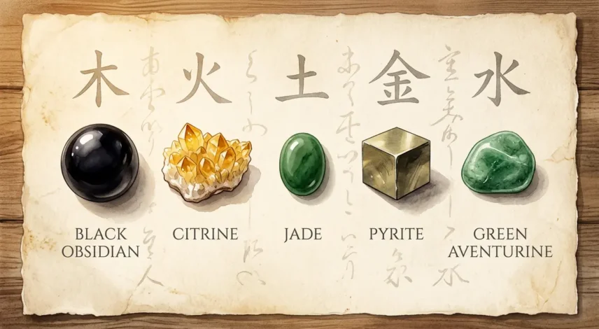 Feng Shui Wealth Stones Guide Five feng shui wealth stones laid out on aged parchment: black obsidian, golden citrine, green jade, pyrite cube, and green aventurine, each labeled with its feng shui element