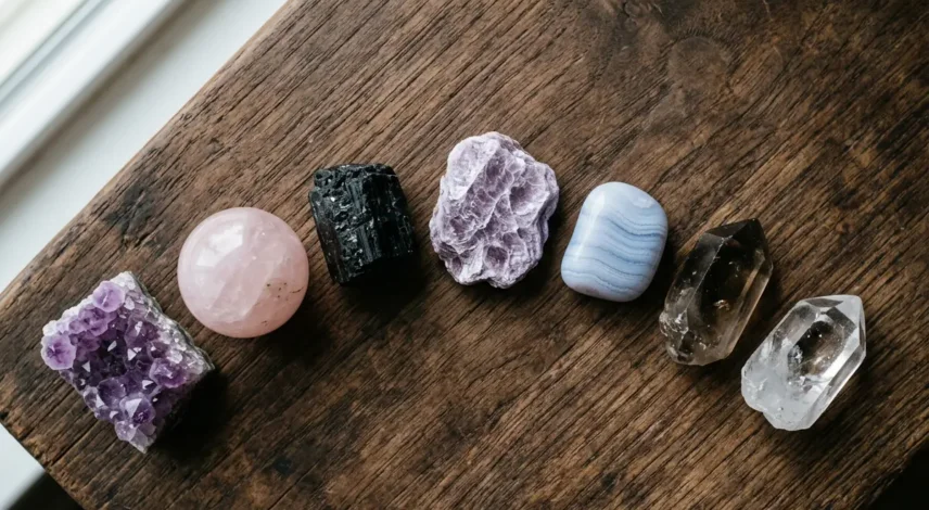 Seven healing crystals for anxiety arranged on a dark wooden surface — amethyst, rose quartz, black tourmaline, lepidolite, blue lace agate, smoky quartz, and clear quartz