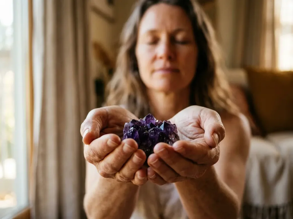Woman holding amethyst healing crystal in both palms during morning meditation practice, eyes closed, soft natural light