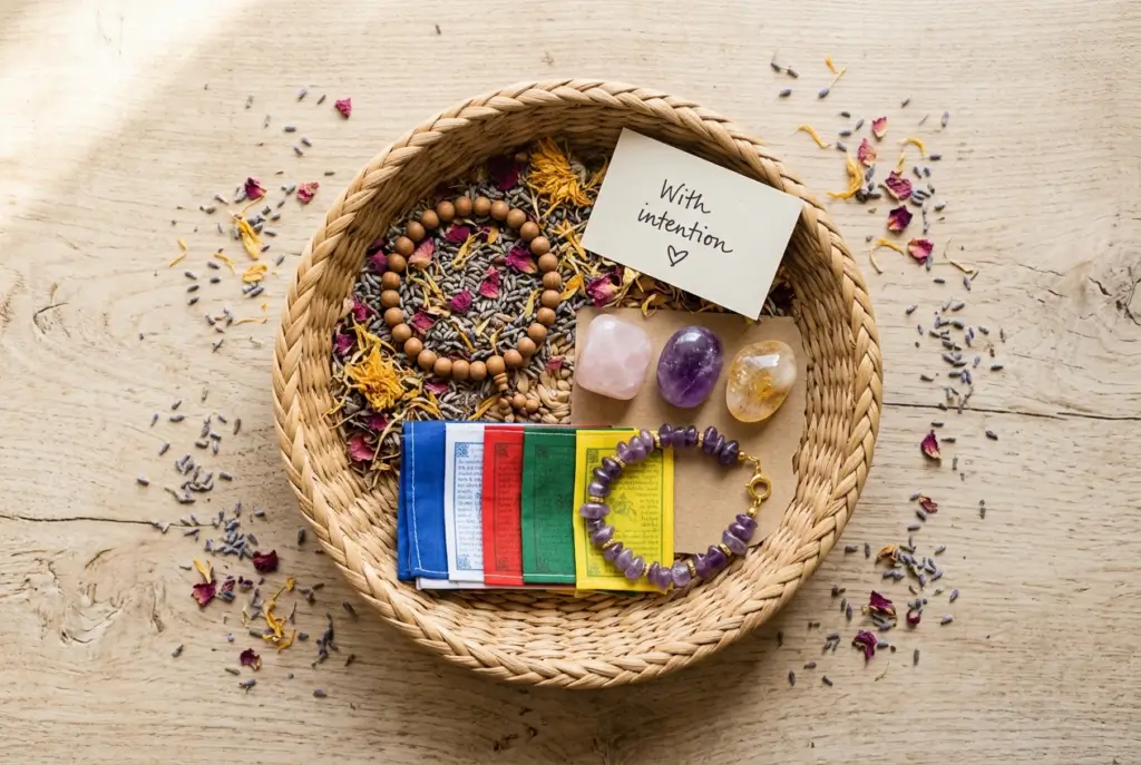 Spiritual Easter basket on natural wood surface containing 27-bead wrist mala, three crystal tumbled stones, folded Tibetan prayer flags, amethyst bracelet, and a small handwritten intention card