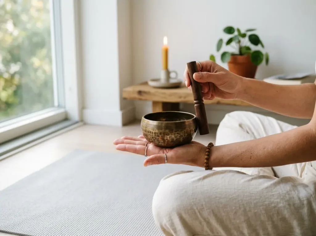 Diagram showing brainwave states from Beta to Theta during a sound healing session with singing bowls