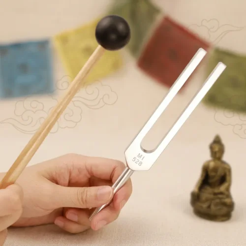 Hand holding a 528 Hz aluminum alloy tuning fork engraved MI 528, with a Tibetan Buddha statue and prayer flags in the background — PotalaStore sound healing
