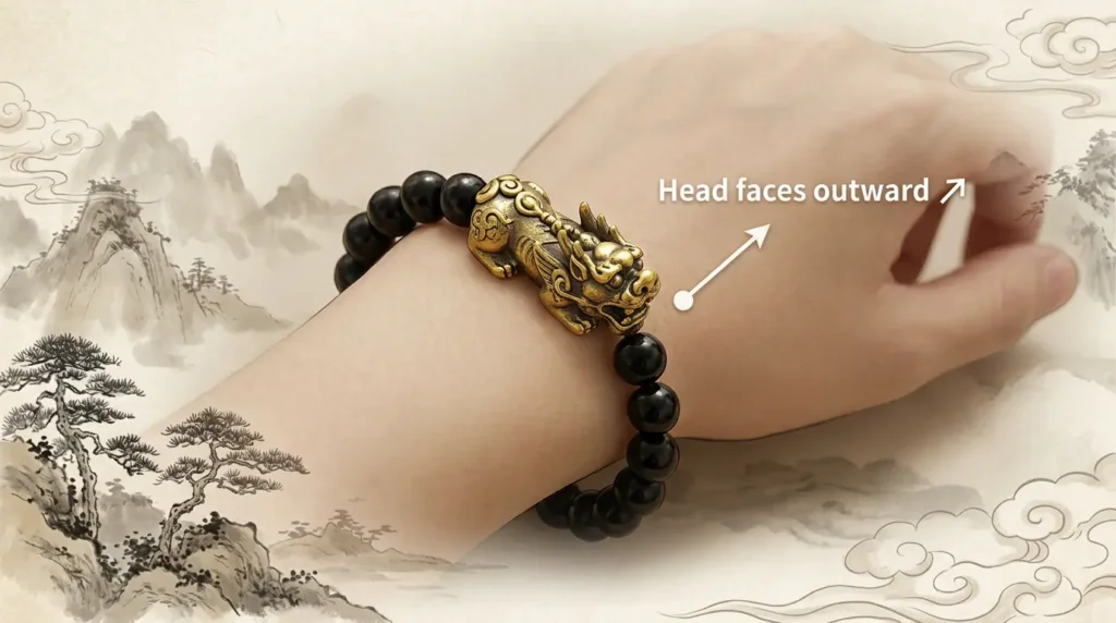 Close-up illustration of a left wrist wearing a black obsidian bead bracelet with a gold Pixiu charm, showing the creature's head facing outward toward the little finger, with a labeled annotation arrow indicating correct placement direction