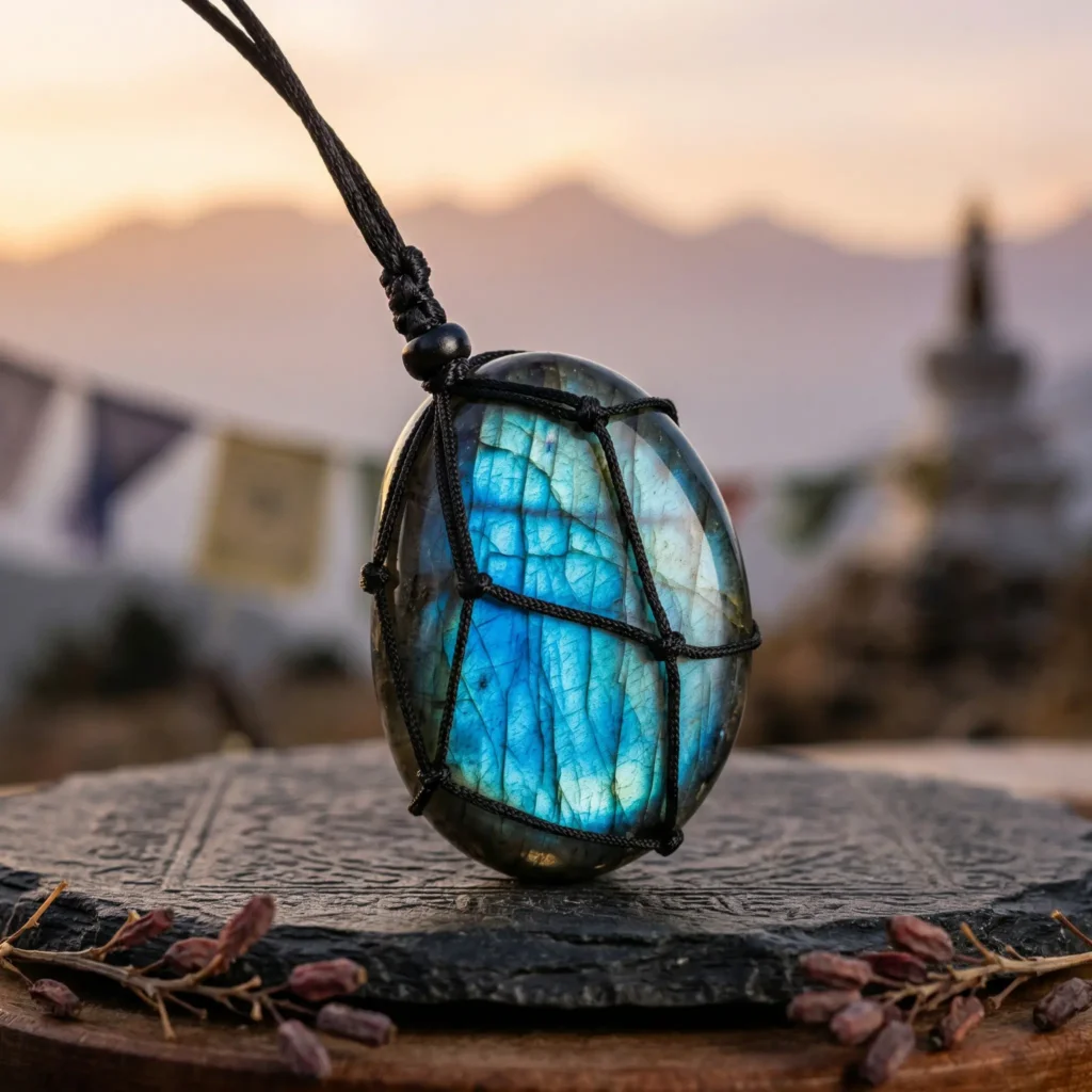 Natural labradorite pendant necklace with vivid blue labradorescence in black macrame net, displayed on carved Tibetan ritual plate with juniper berries, stupa and prayer flags in background