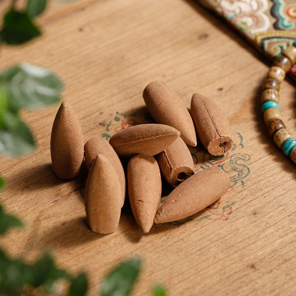 Natural Brown Backflow Incense Cones on Tibetan Prayer Table Pile of natural brown backflow incense cones with hollow centers on wooden Tibetan prayer table with traditional beads, aromatherapy product photography