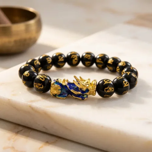 Natural black obsidian Pixiu wealth bracelet with color-changing cloisonné charm and gold Om Mani mantra engravings, placed on white marble beside a brass Tibetan singing bowl