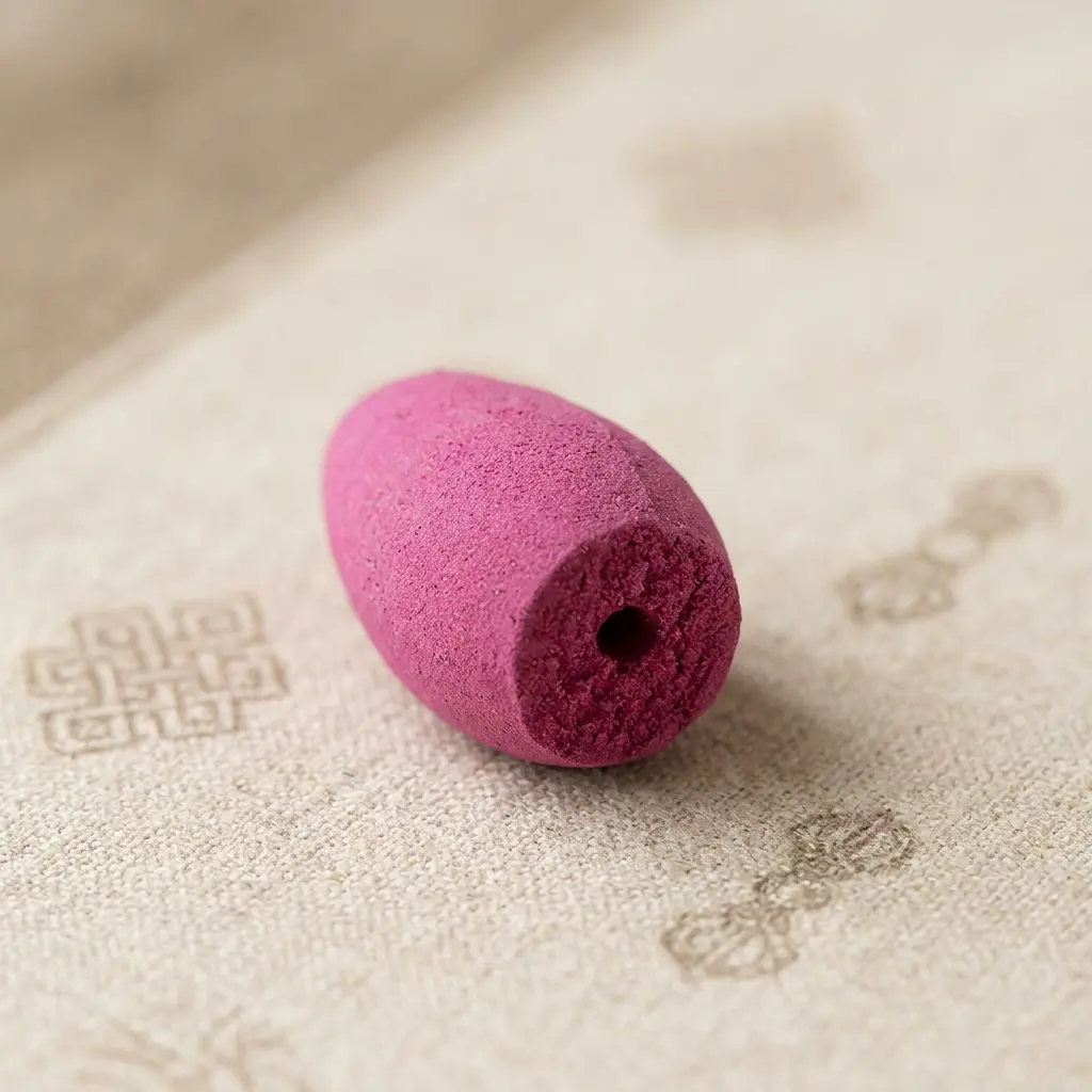 Pink Teardrop Incense Cone Close-up on Tibetan Fabric Single pink teardrop-shaped incense cone with hollow center on beige Tibetan prayer mat with traditional endless knot pattern, macro product photography