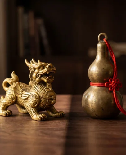 A side-by-side comparison of Pixiu and Wu Lou — a golden dragon-lion mythical creature (Pixiu) on the left and a brass calabash gourd (Wu Lou) on the right, displayed on a dark wooden surface with soft warm lighting