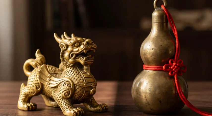 Pixiu vs Wu Lou_ Two Feng Shui Symbols Side by Side A side-by-side comparison of Pixiu and Wu Lou — a golden dragon-lion mythical creature (Pixiu) on the left and a brass calabash gourd (Wu Lou) on the right, displayed on a dark wooden surface with soft warm lighting