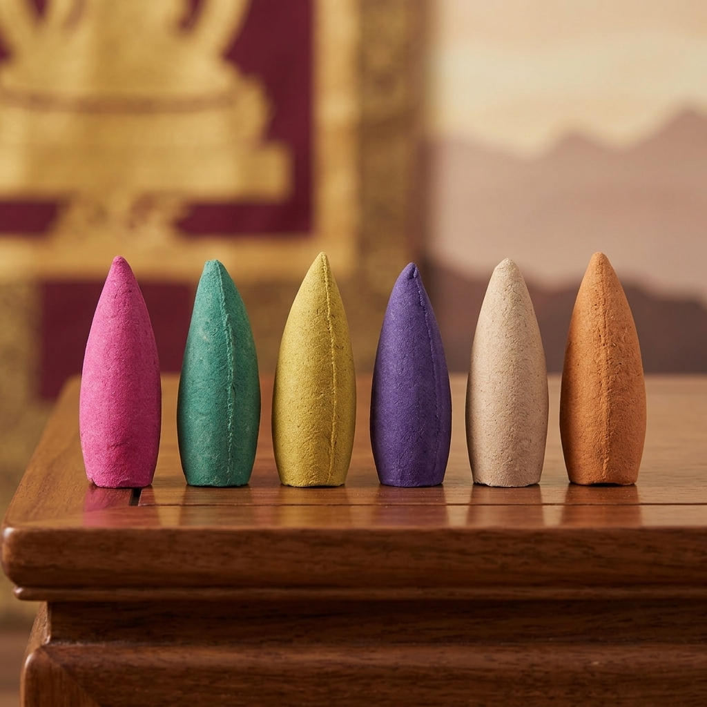 Six Colorful Cone Incense Sticks in Row - Tibetan Style Product Photo Six Colorful Cone Incense Sticks in Row - Tibetan Style Product Photo Alt Text: Six vibrant cone incense sticks in pink, turquoise, yellow, purple, beige and orange colors lined up on wooden altar table with soft Tibetan thangka background