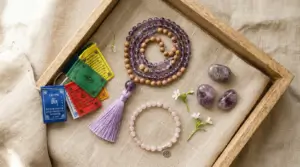 Spiritual Easter gift flat lay featuring rose quartz bracelet, amethyst tumbled stones, 108-bead mala necklace, and Tibetan prayer flags arranged on natural linen
