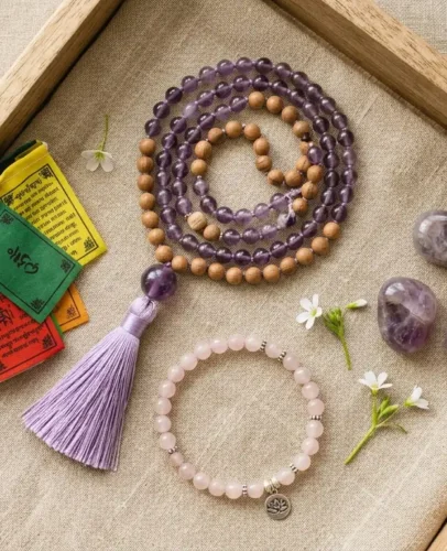 Spiritual Easter gift flat lay featuring rose quartz bracelet, amethyst tumbled stones, 108-bead mala necklace, and Tibetan prayer flags arranged on natural linen