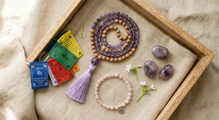 Spiritual Easter Gift Guide 2026 Spiritual Easter gift flat lay featuring rose quartz bracelet, amethyst tumbled stones, 108-bead mala necklace, and Tibetan prayer flags arranged on natural linen