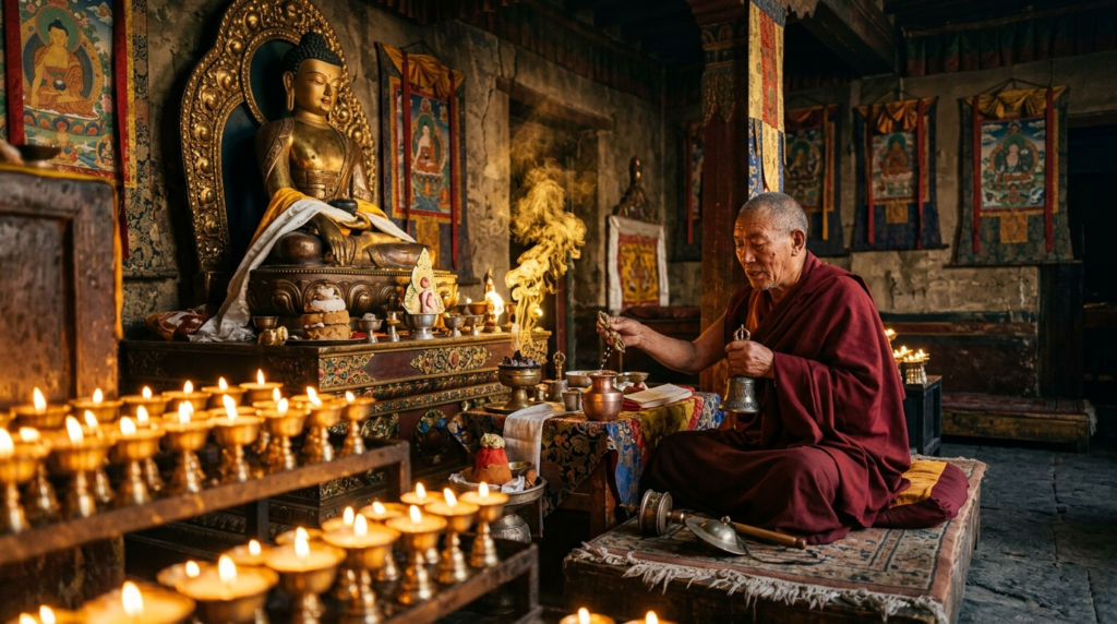 A Tibetan monk in saffron robes performing a rab-ne consecration puja ceremony over a bronze Buddha statue, surrounded by butter lamps and ritual offerings inside a monastery hall