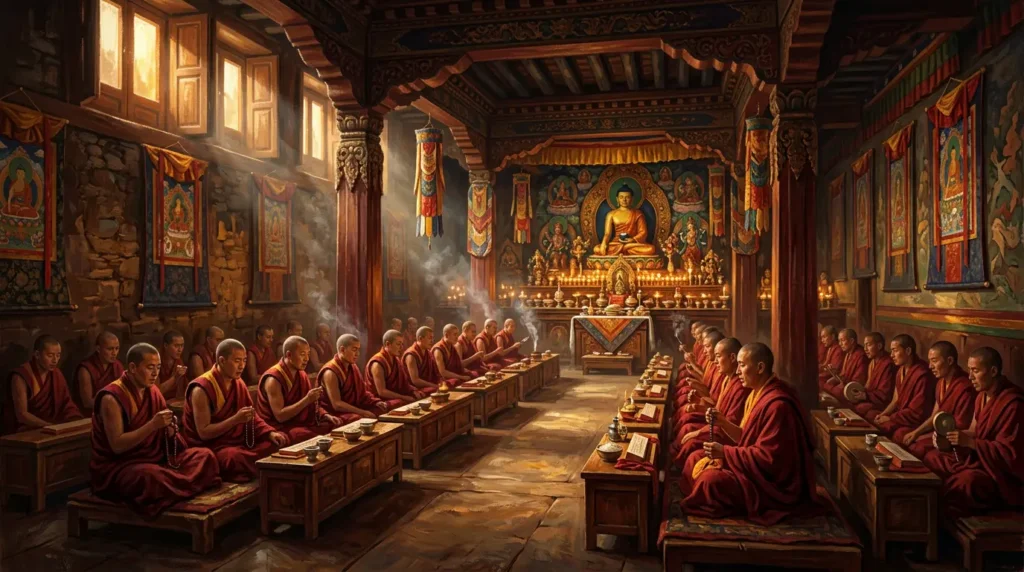 Illustrated scene of Tibetan Buddhist monks in saffron and crimson robes performing a puja blessing ceremony inside a monastery prayer hall, with butter lamps, incense smoke, and thangka paintings visible, representing the rab gnas consecration used for PotalaStore feng shui jewelry