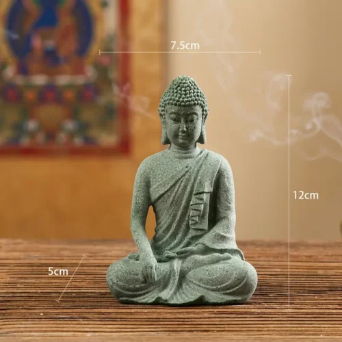 Natural green sandstone Tibetan Buddha contemplation statue, seated thinking pose, 7.5×5×12cm, thangka painting and incense smoke background