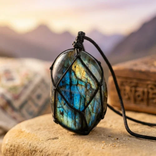 Natural labradorite pendant in black macrame wrap showing blue and gold labradorescence, placed on rocky surface beside carved wooden Tibetan mantra box, purple mountain sunset sky