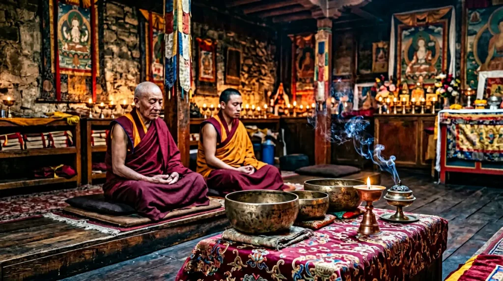 A person sitting in a calm home meditation space, holding a Tibetan singing bowl on their palm while striking it gently with a wooden mallet