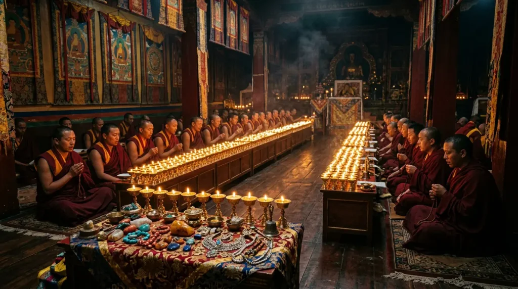Tibetan Buddhist monks performing a Rab Gnas crystal consecration ceremony at a Himalayan monastery with butter lamps and ritual offerings