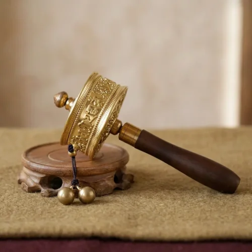 Tibetan Prayer Wheel with Carved Wooden Base