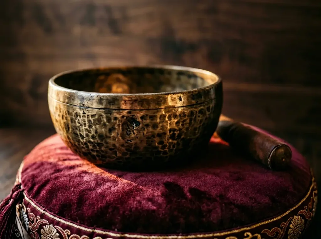 Tibetan monks performing a traditional singing bowl consecration ceremony inside a monastery, surrounded by incense smoke and butter lamps
