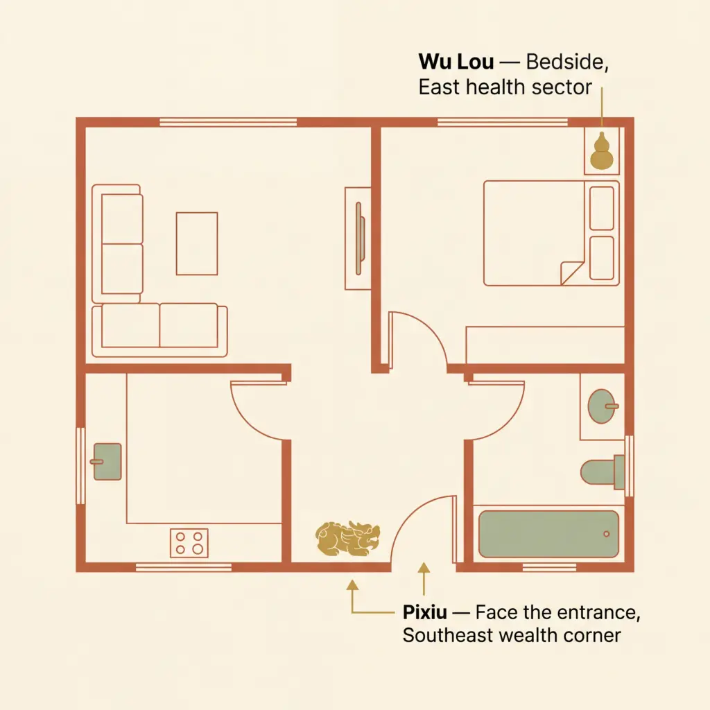 A simple flat-design diagram of a home floor plan showing recommended feng shui placement: Pixiu figurine near the main entrance in the Southeast corner, and Wu Lou gourd on the bedside table in the East sector bedroom