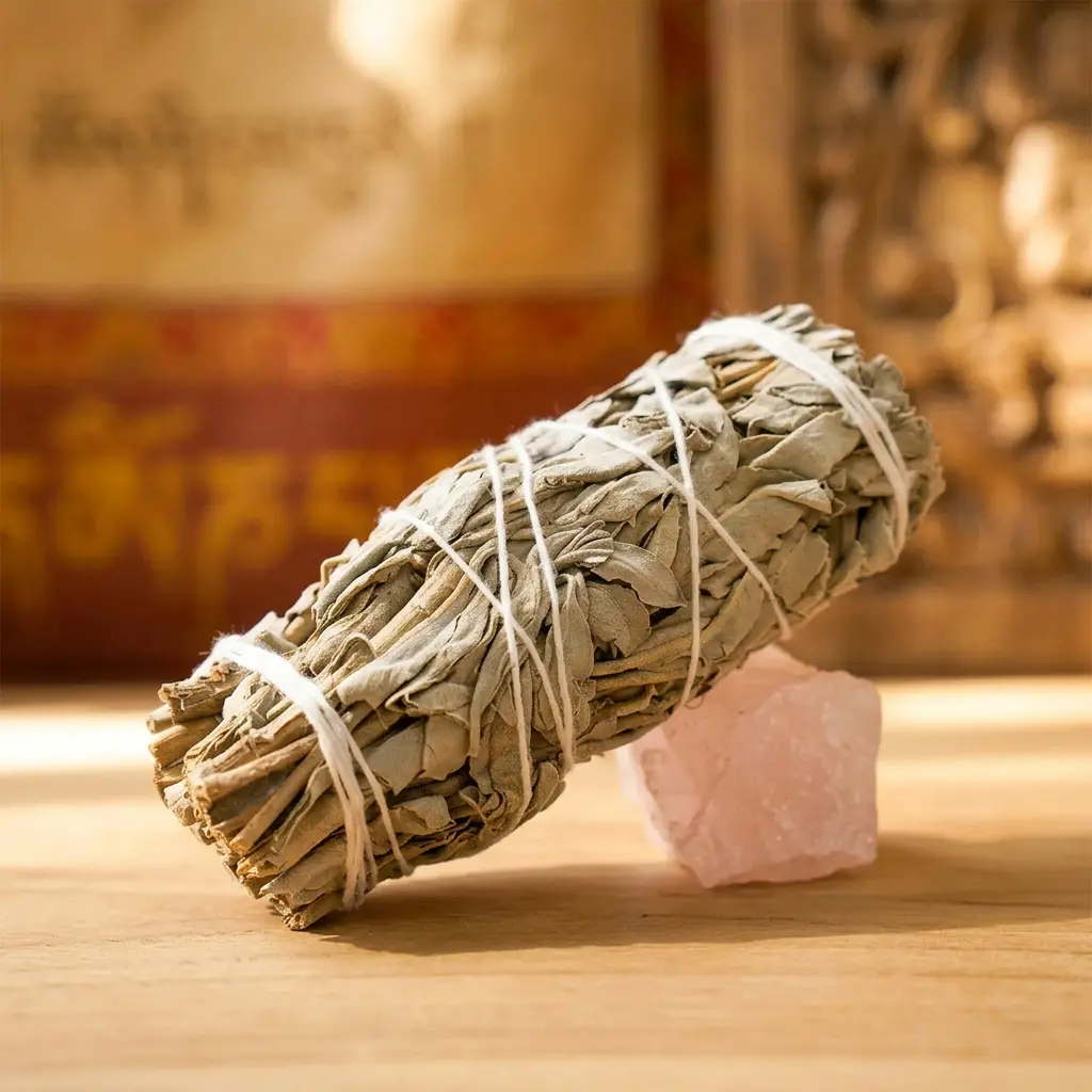 White Sage Smudge Stick with Rose Quartz and Tibetan Thangka – PotalaStore Three handmade California white sage smudge sticks stacked on wooden surface beside a Tibetan brass singing bowl, for spiritual cleansing and meditation rituals