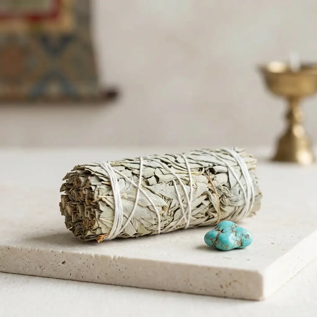 White Sage Smudge Stick with Turquoise Stone and Tibetan Butter Lamp – PotalaStore Single handmade white sage smudge stick leaning on a raw rose quartz crystal, with a Tibetan thangka painting in the warm golden background