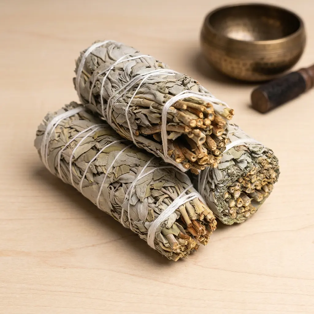 White Sage Smudge Sticks Bundle with Tibetan Singing Bowl – PotalaStore Five California white sage smudge sticks stacked on a stone surface next to a copper Tibetan prayer wheel, ideal for home cleansing and smudging rituals