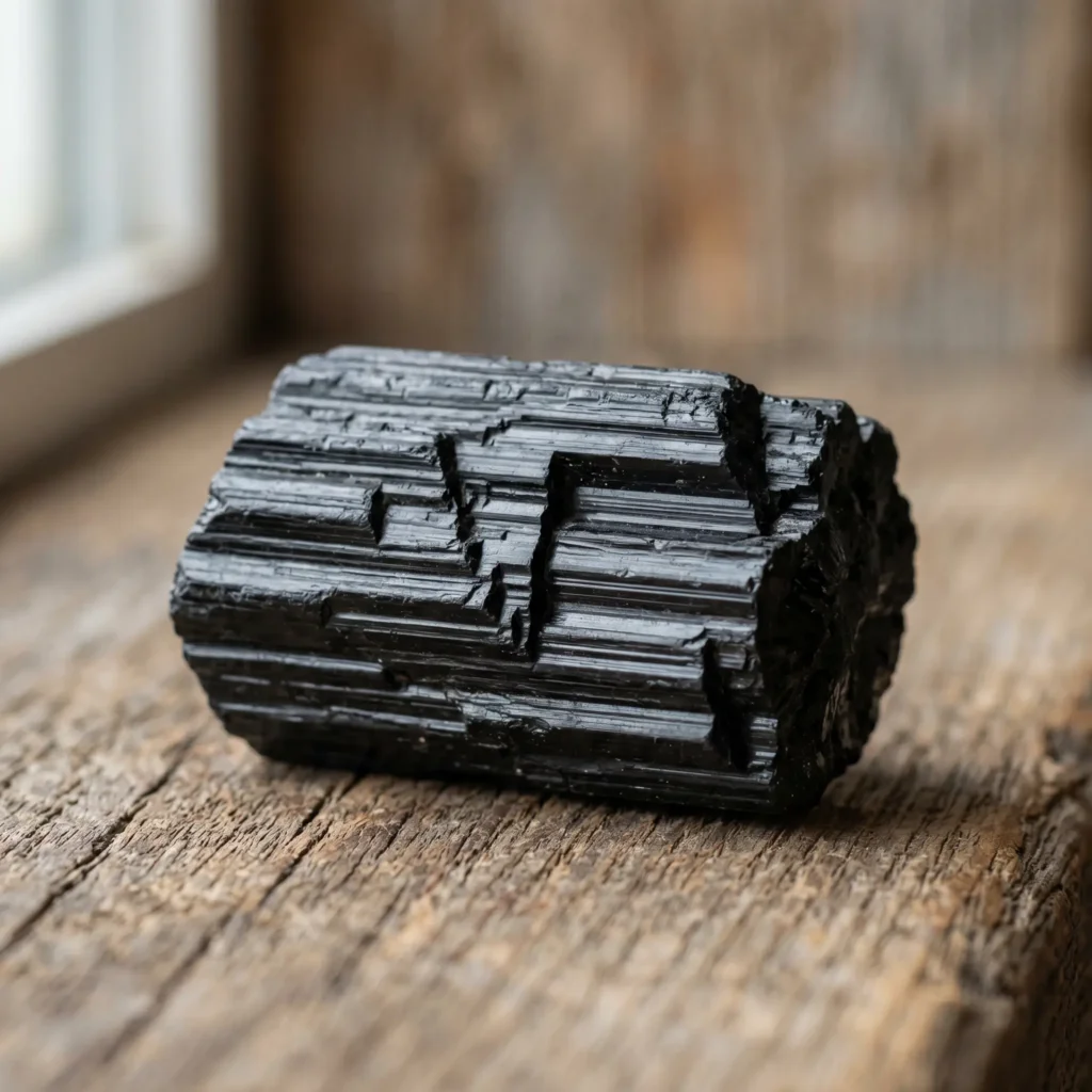 Raw black tourmaline schorl crystal specimen on a wooden surface, used for energetic protection and EMF grounding