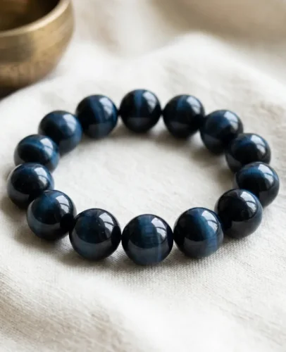 Natural Blue Tiger Eye beaded bracelet (10mm) resting on white linen cloth beside a brass Tibetan singing bowl — PotalaStore