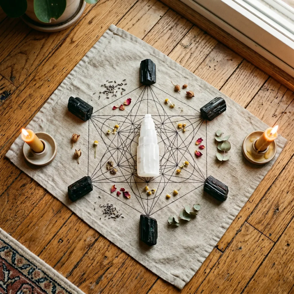 A home protection crystal grid with four black tourmaline points at the corners and a selenite tower in the center, set on a wooden floor with candlelight