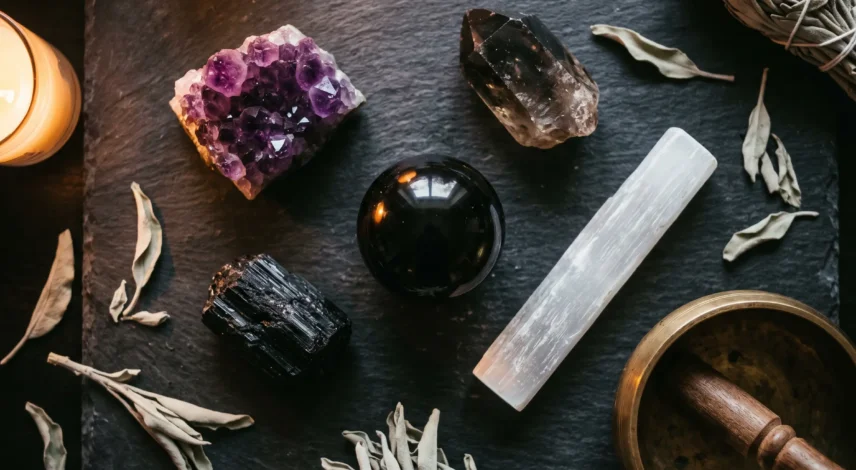 A flat-lay collection of top protection crystals including black tourmaline, obsidian, amethyst and selenite arranged on a dark stone surface