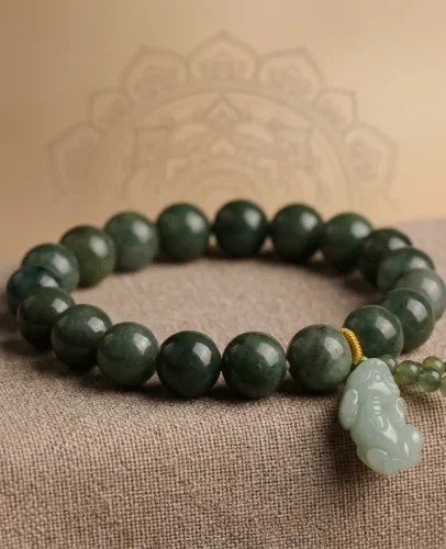 Feng Shui green jade Pixiu wealth bracelet resting on a beige textured fabric with a faint spiritual mandala design in the background