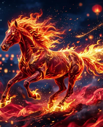A blazing red and gold horse galloping through flames against a deep midnight blue sky, symbolizing the Year of the Fire Horse (Bing Wu) in the 2026 Chinese zodiac