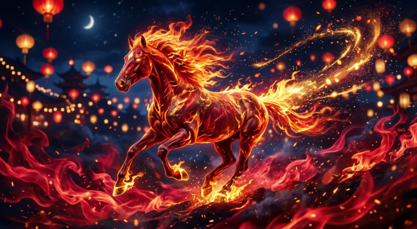 A blazing red and gold horse galloping through flames against a deep midnight blue sky, symbolizing the Year of the Fire Horse (Bing Wu) in the 2026 Chinese zodiac