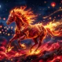 A blazing red and gold horse galloping through flames against a deep midnight blue sky, symbolizing the Year of the Fire Horse (Bing Wu) in the 2026 Chinese zodiac