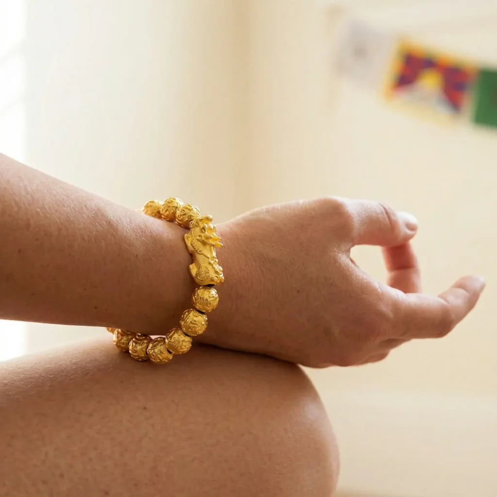 zlatý-pixiu-náramek-meditace-levé-zápěstí-tibetské-modlitební-vlaječky Žena v meditační mudrě s nasazeným zlatým náramkem mantry bohatství Pixiu na levém zápěstí, v pozadí viditelné tibetské modlitební vlaječky
